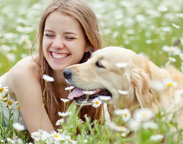 Girl in field with dog, surrounded by flowers and weeds